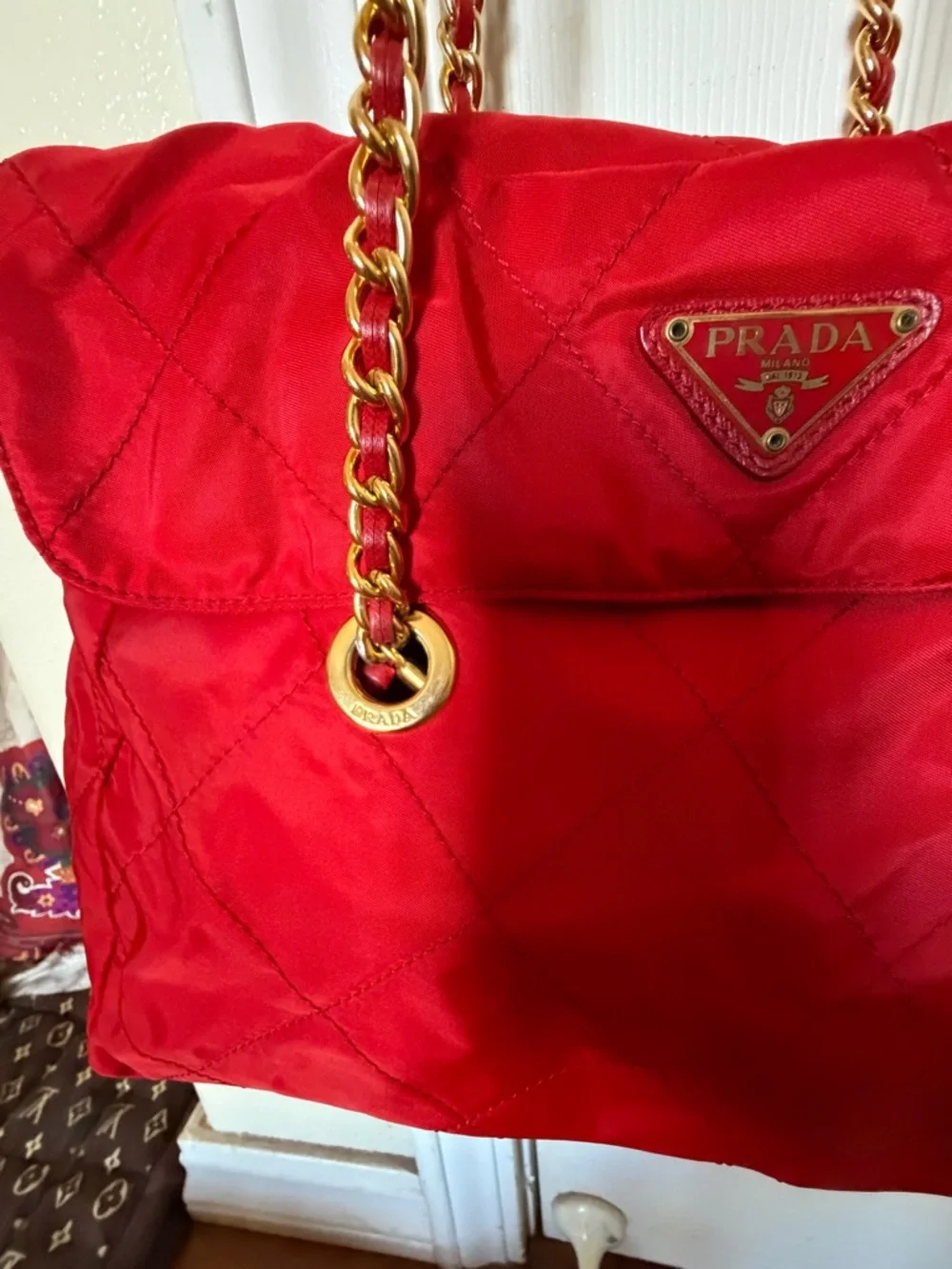 Prada Red Quilted Nylon Shoulder Bag with Gold Chain - Picture 4 of 13